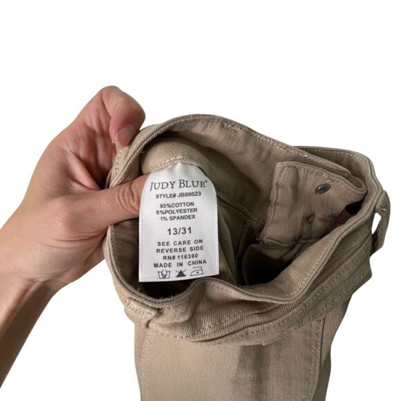 Judy Blue Garment Dyed Tummy Control Flare Jeans Sz 13/31 Khaki Tan Wide Leg - Picture 10 of 13
